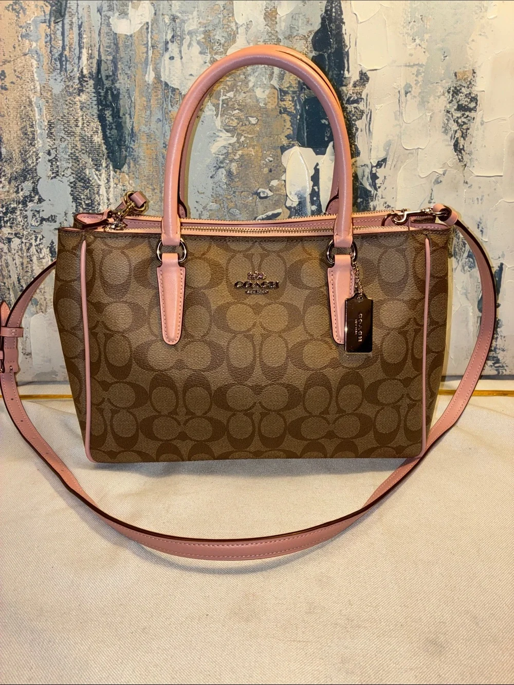 NWOT Genuine Coach  Surrey Brown Signature Canvas Satchel Pink Trim  F67026